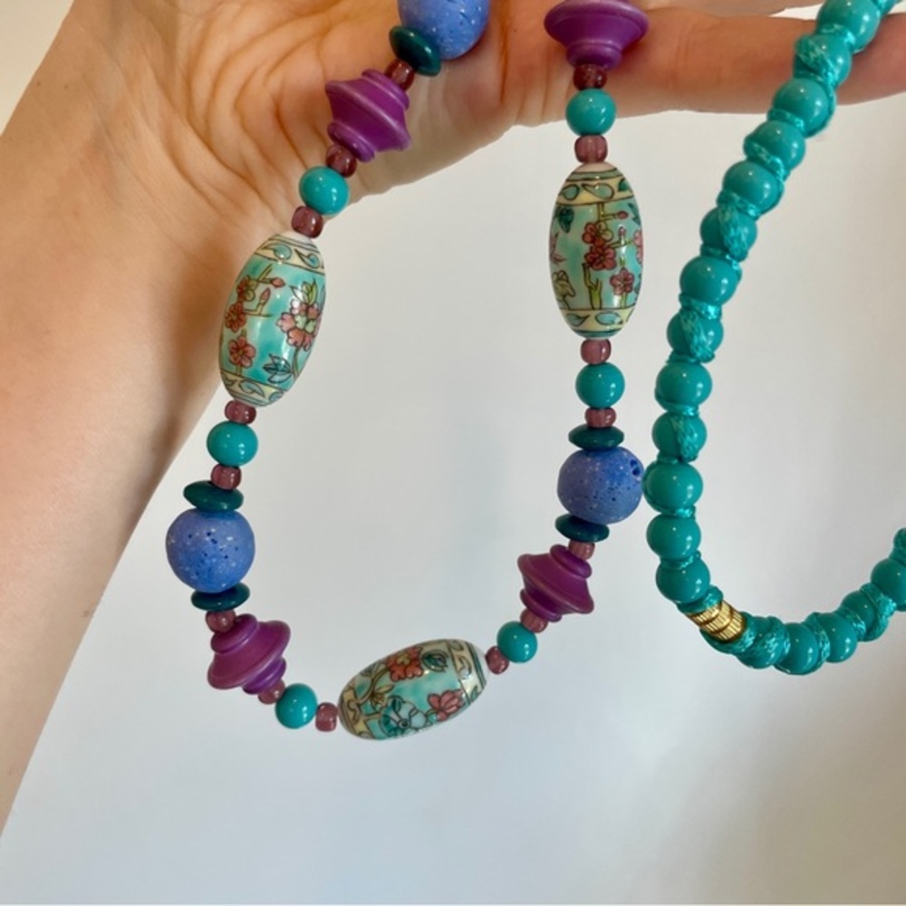 Vintage Chinese Porcelain Hand Painted Necklace Floral Silk Teal Purple Enamel - Picture 6 of 7